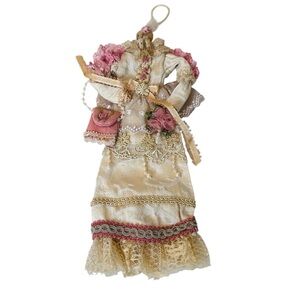 Victorian Dress Ornament Swan Hanger Cream with Pink Florals and Pearl Detail 8"